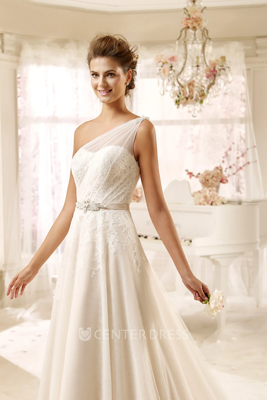 Sweetheart One-Shoulder Draping Wedding Dress With Tulle Strap And Satin Sash