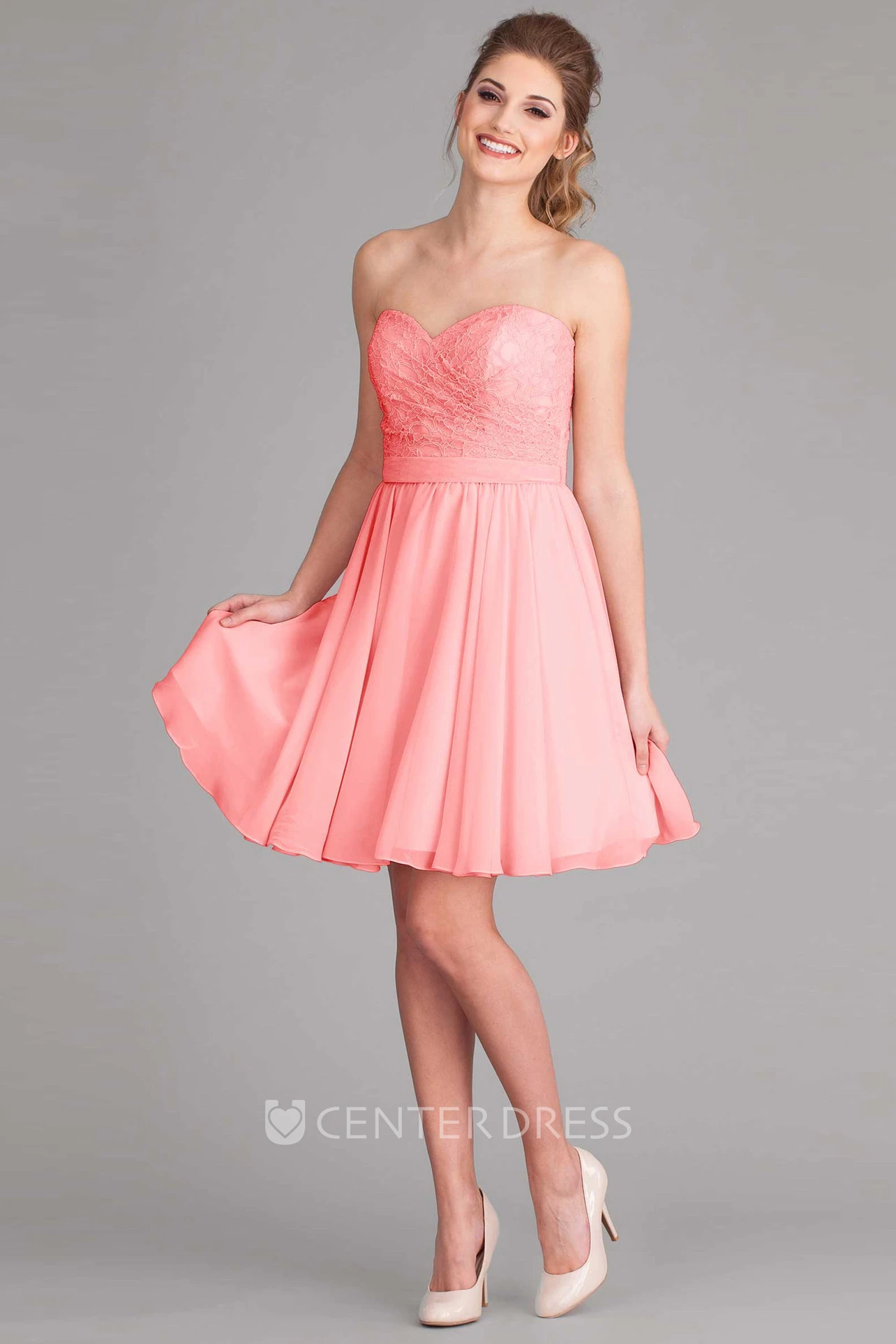 Mini A-Line Sleeveless Sweetheart Lace Chiffon Bridesmaid Dress With Bow