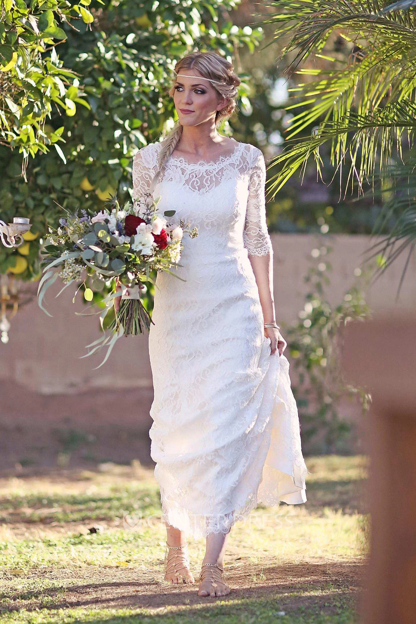 Mermaid Illusion Sleeve Satin Lace Button Zipper Keyhole Wedding Dress