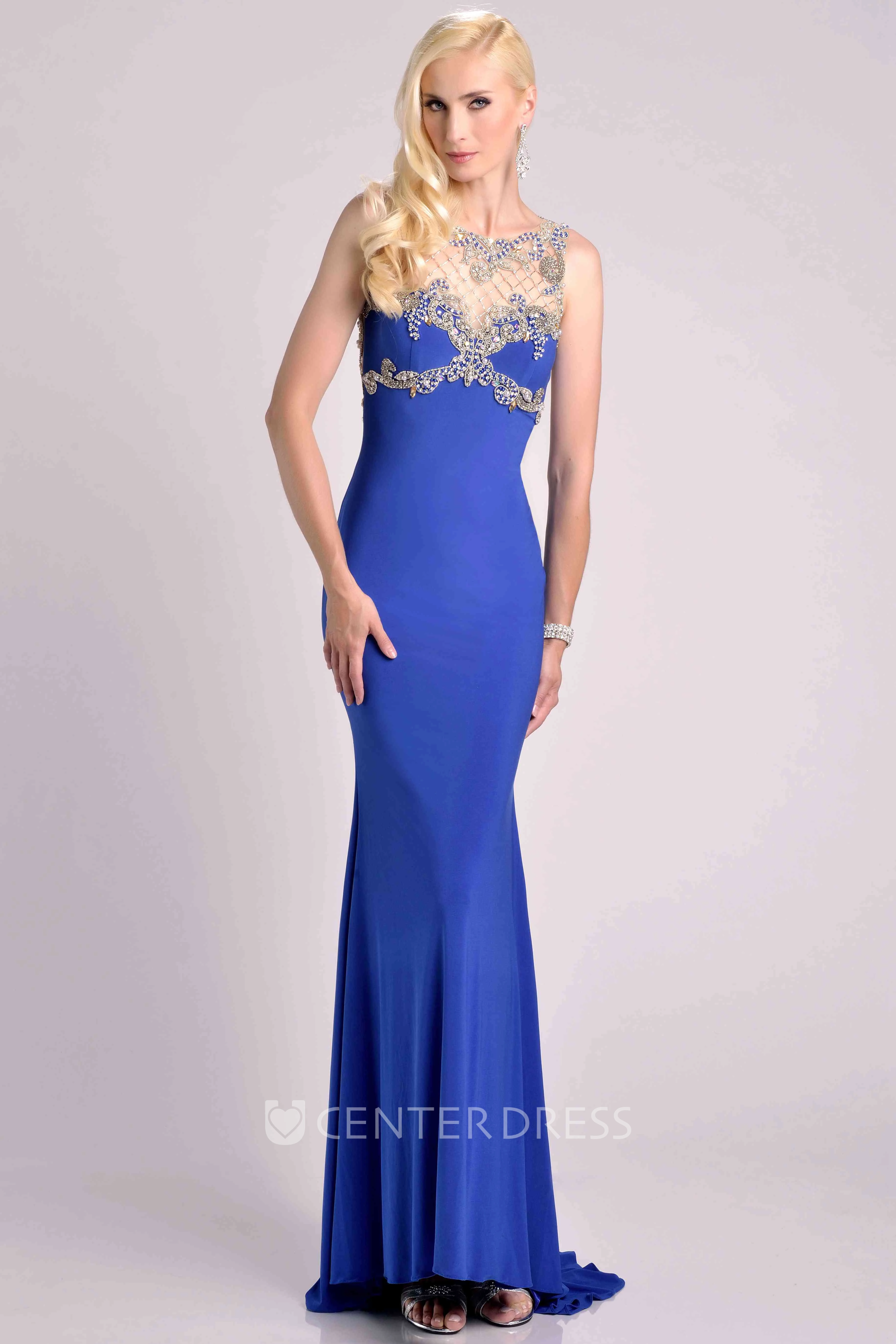 Sheath Sleeveless Jersey Prom Dress With Beaded Top And Bateau Neck