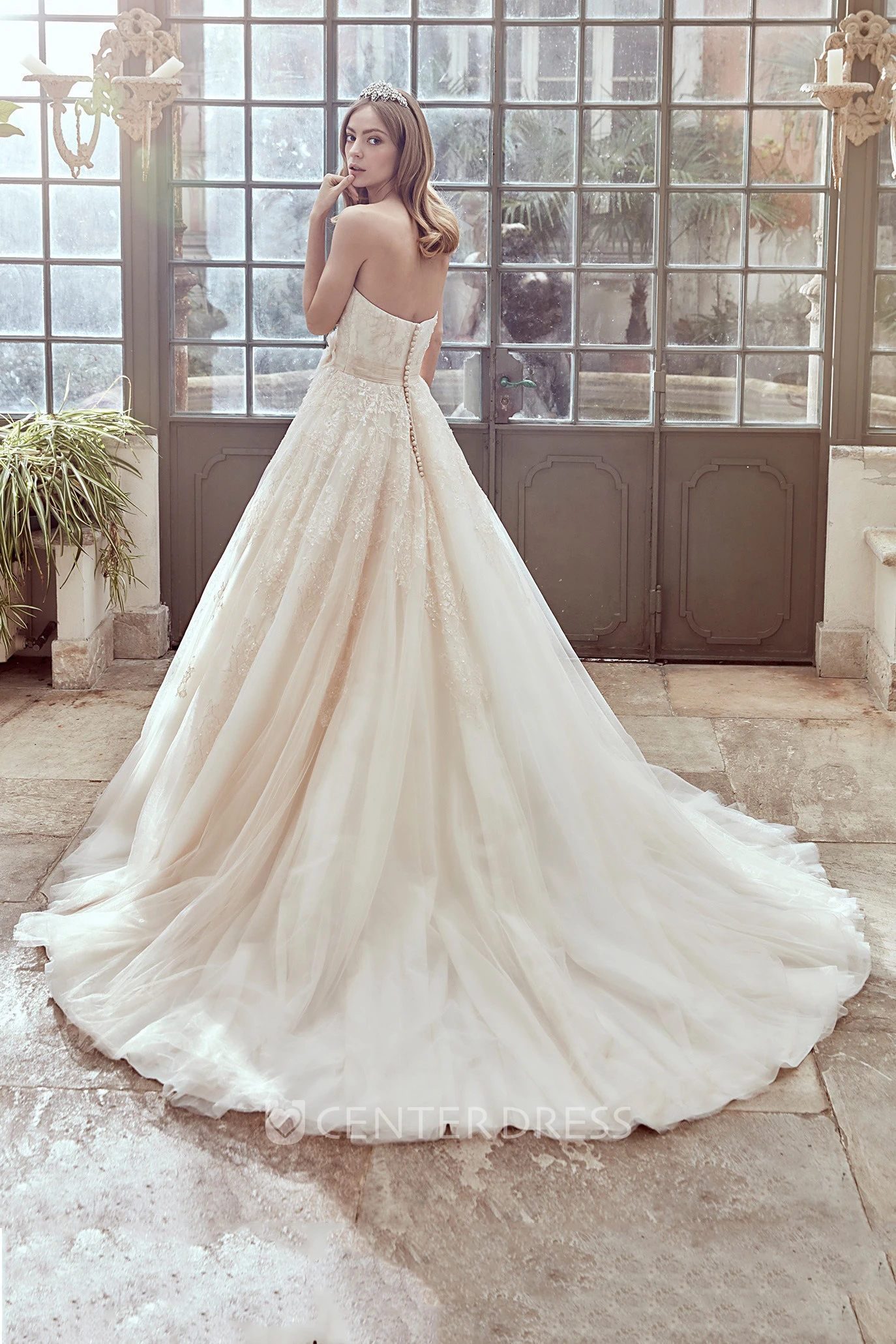 Sweetheart A-Line Gown With Side Floral Waist And Beaded Appliques