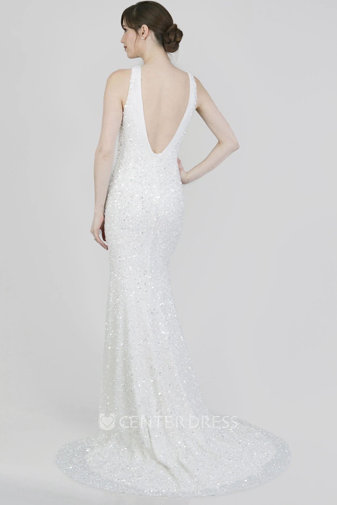 Sheath Floor-Length Sleeveless Beaded Jewel Sequins Wedding Dress With Deep-V Back And Sweep Train