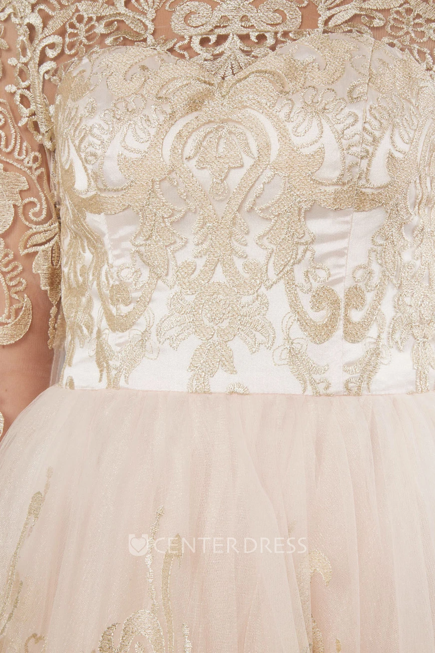 A-Line Bateau-Neck Knee-Length 3-4-Sleeve Lace Winter Wedding Dress With Illusion