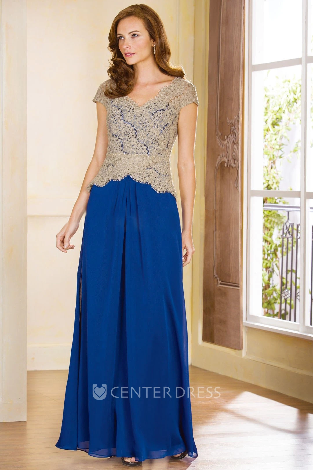 Cap-Sleeved V-Neck Long Chiffon Mother Of The Bride Dress With Lace Bodice