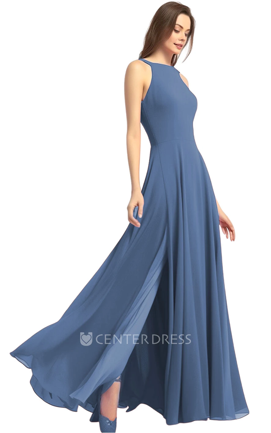 Casual A-Line Chiffon Bridesmaid Dress with Halter Neck and Split Front 2026 Simple