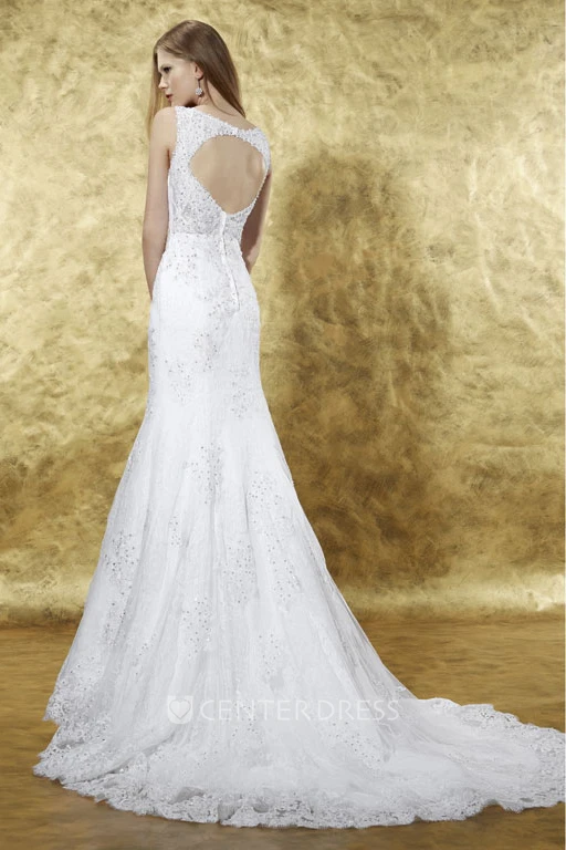 Mermaid Appliqued V-Neck Floor-Length Sleeveless Lace Wedding Dress With Keyhole Back And Beading