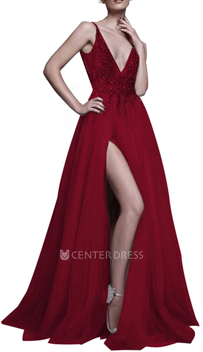 Tulle Floor-length Court Train V-neck A Line Sleeveless Prom Dress With Beading