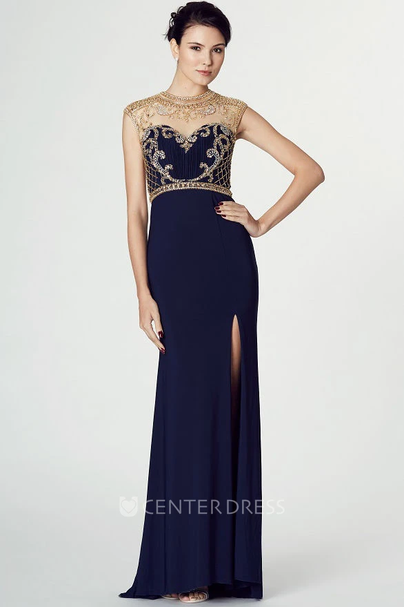 High Neck Floor-Length Split-Front Jersey Prom Dress With Beading And Illusion