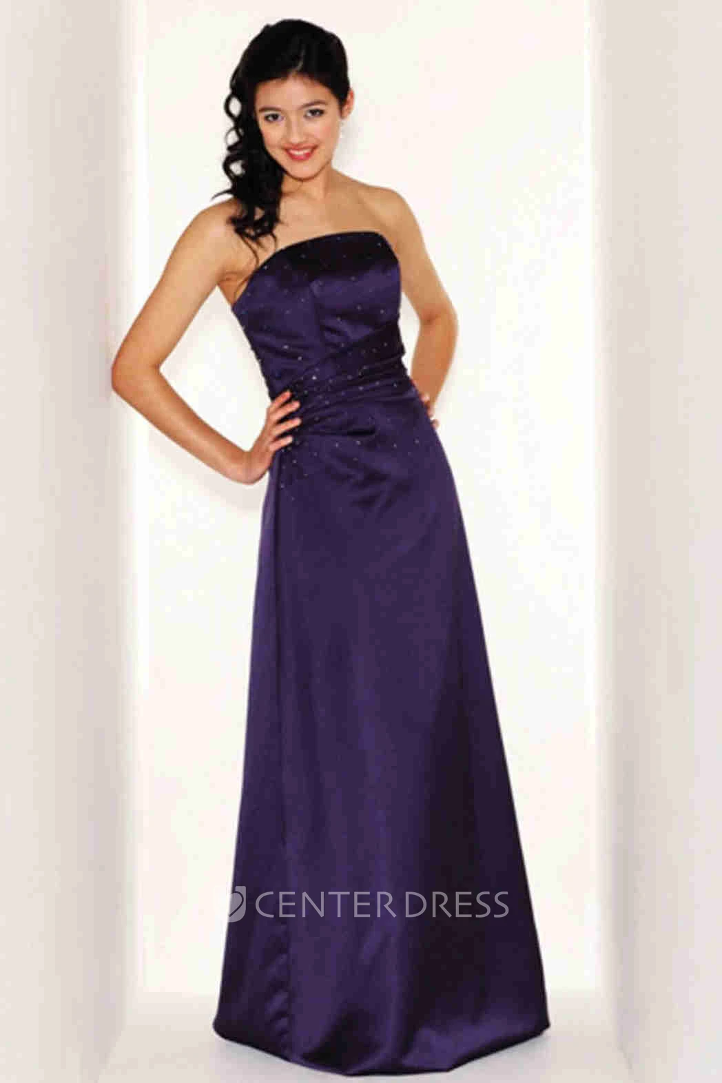 Beaded Strapless Satin Bridesmaid Dress With Ruching