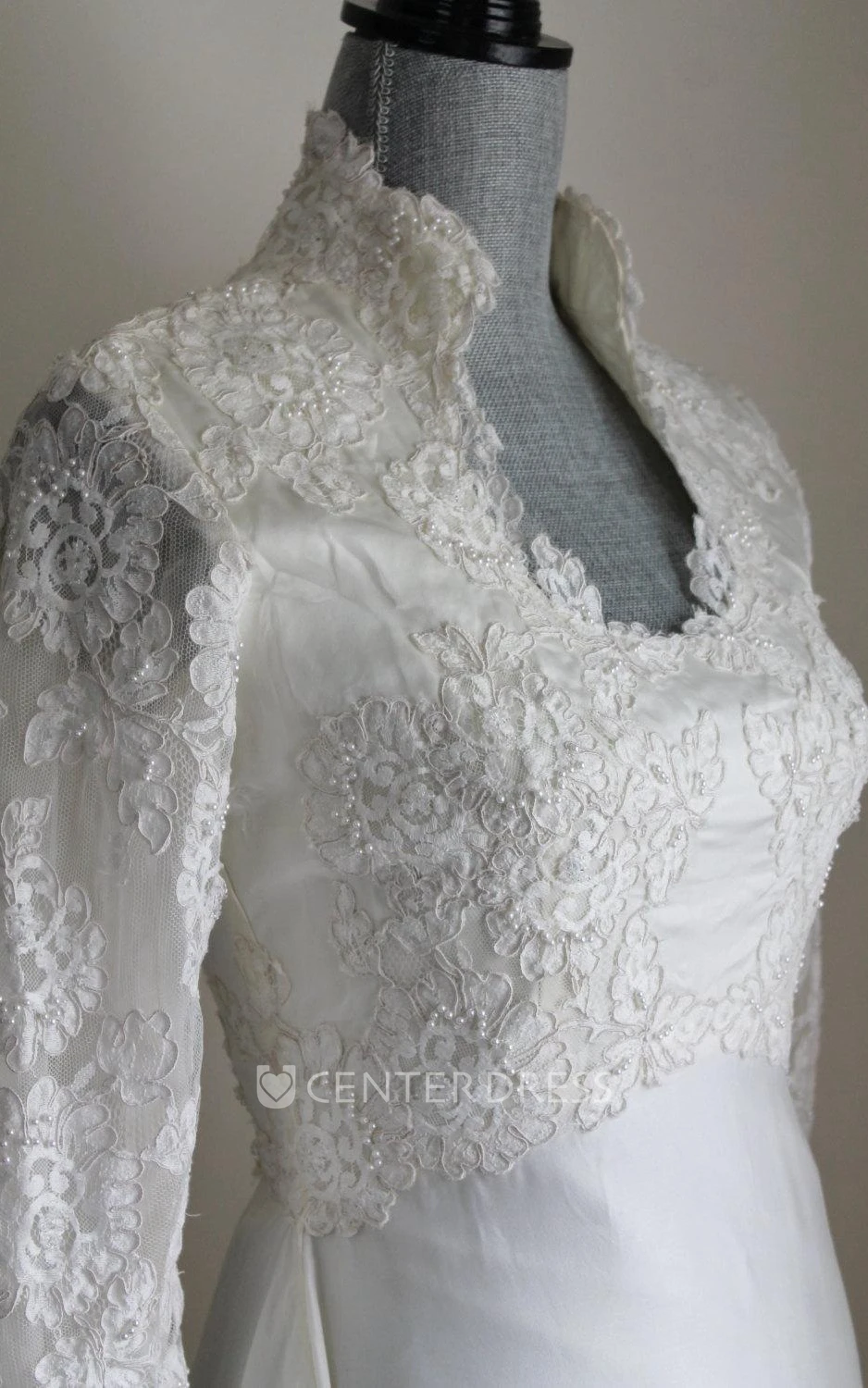 Queen Anne Neck Long Sleeve A-Line Satin Wedding Dress With Lace Hem