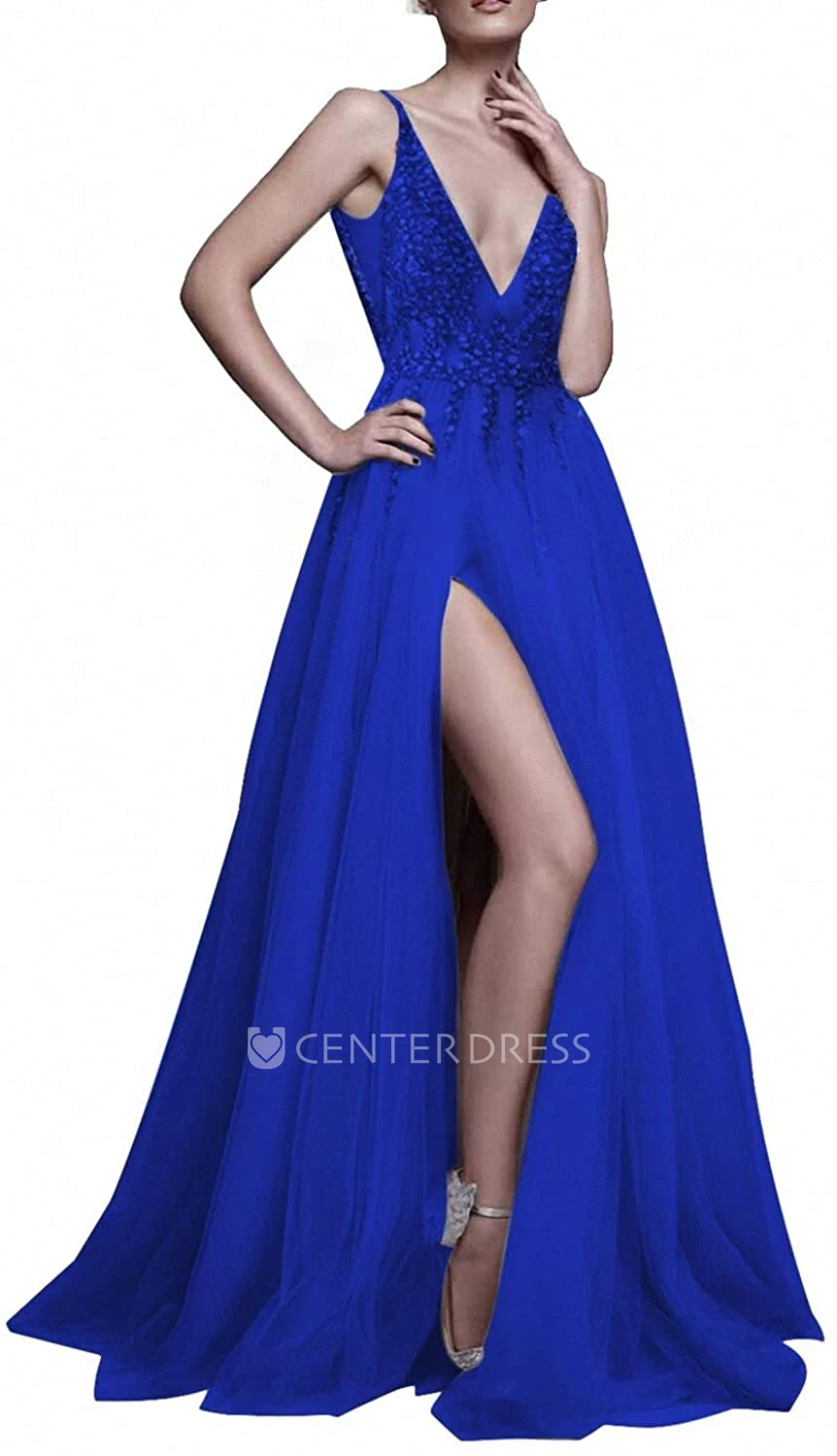 Tulle Floor-length Court Train V-neck A Line Sleeveless Prom Dress With Beading