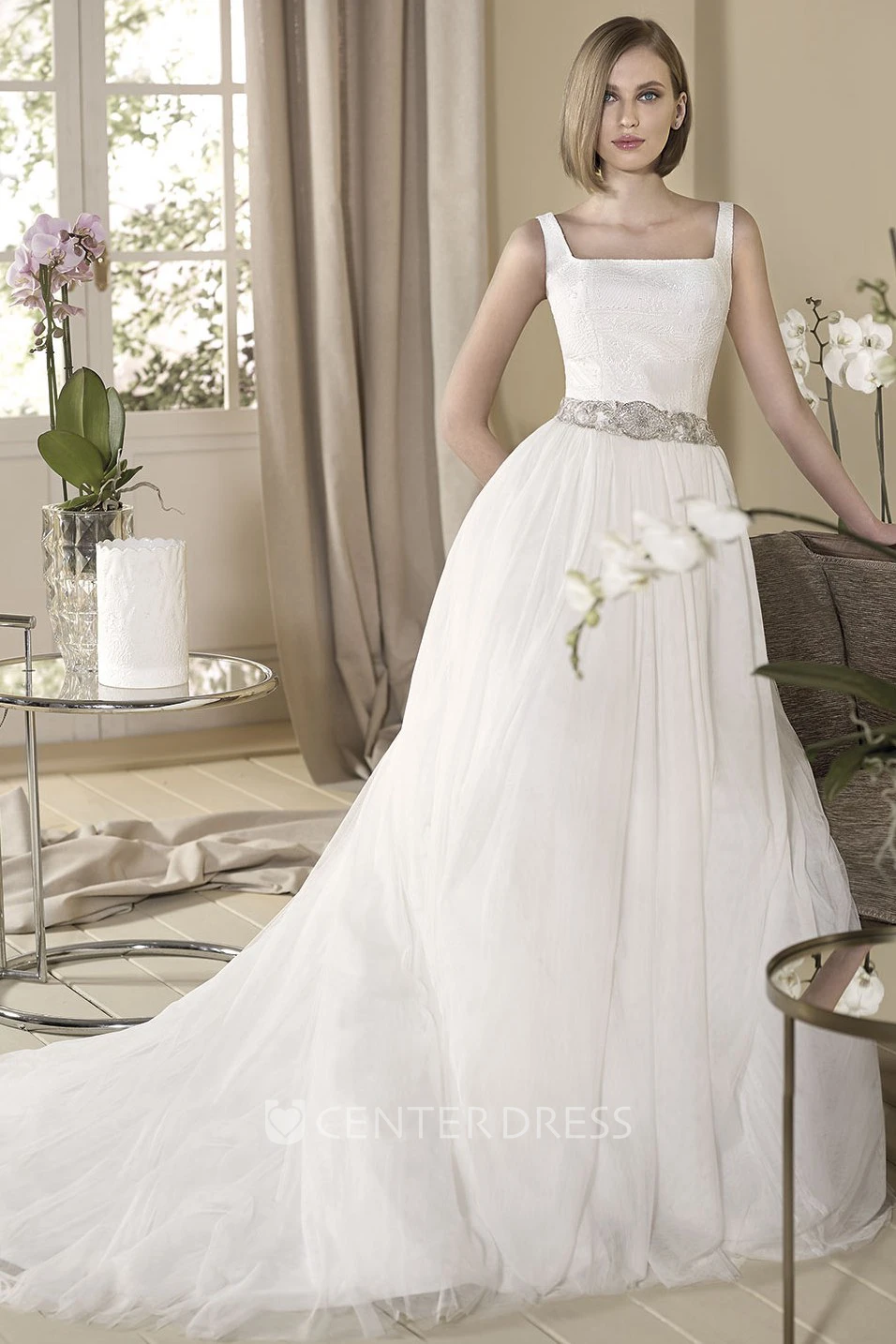 A-Line Jeweled Sleeveless Long Square-Neck Tulle Wedding Dress With Pleats