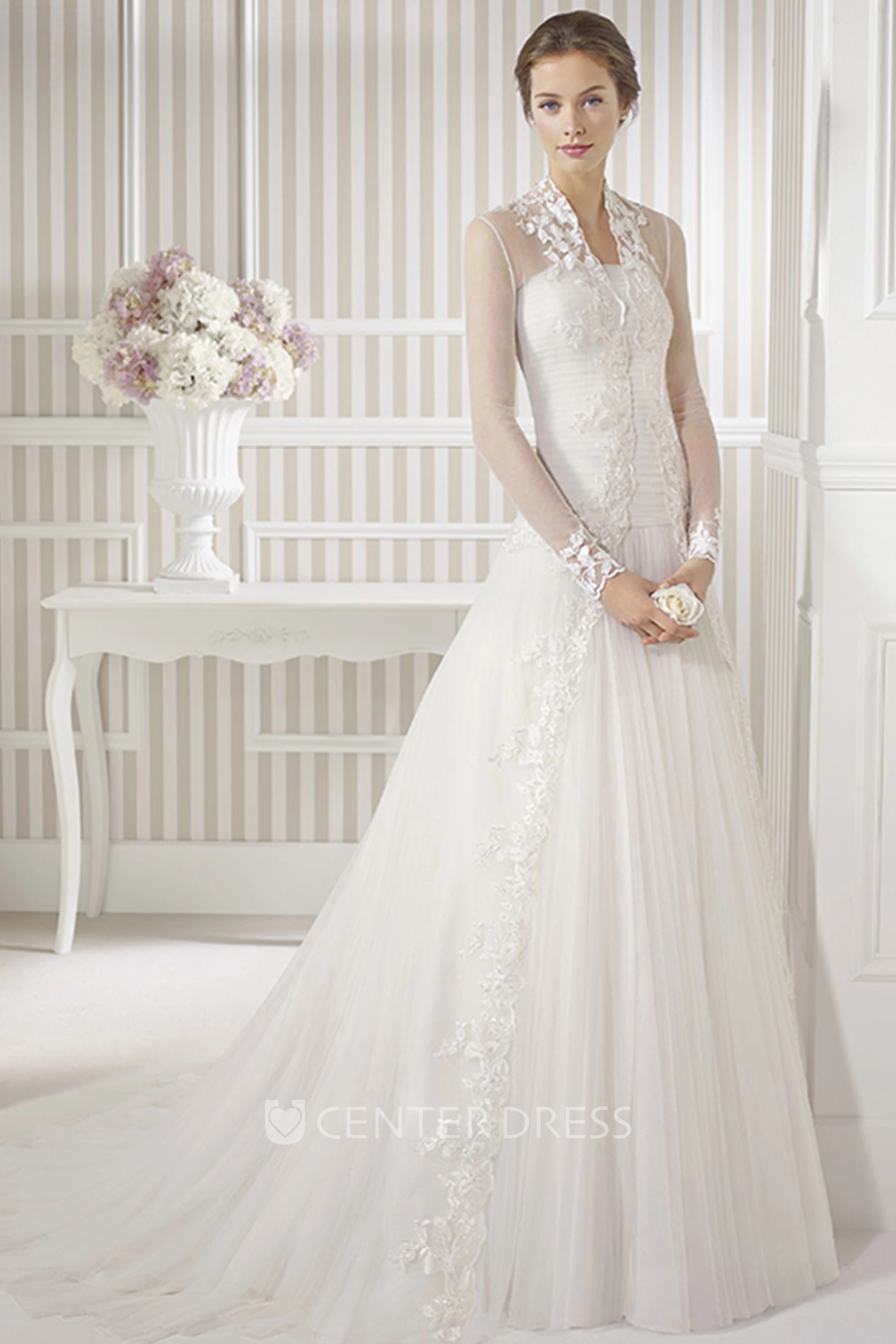 Long Long-Sleeve Appliqued Tulle Wedding Dress With Sweep Train And Illusion