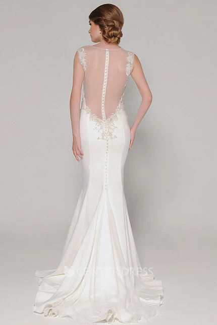 Floor-Length High Neck Beaded Chiffon Wedding Dress With Brush Train And Illusion