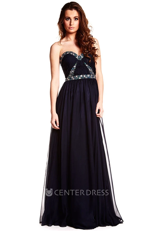 A-Line Sleeveless Beaded Sweetheart Floor-Length Chiffon Prom Dress With Backless Style