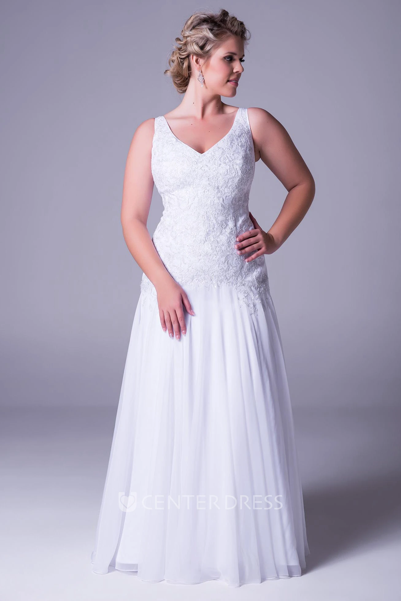 V-Neck Pleated Long-Sleeveless Chiffon Plus Size Wedding Dress With Appliques And V Back