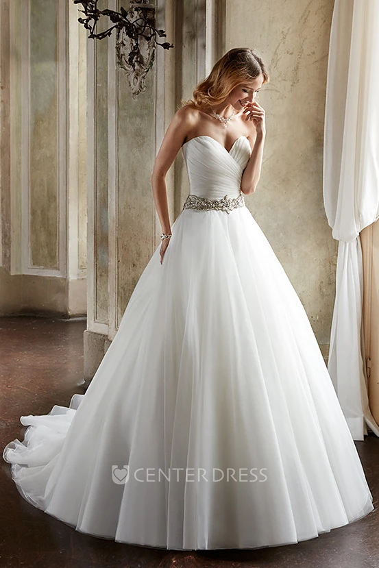Ball Gown Jeweled Floor-Length Sweetheart Tulle Wedding Dress With Criss Cross And Court Train