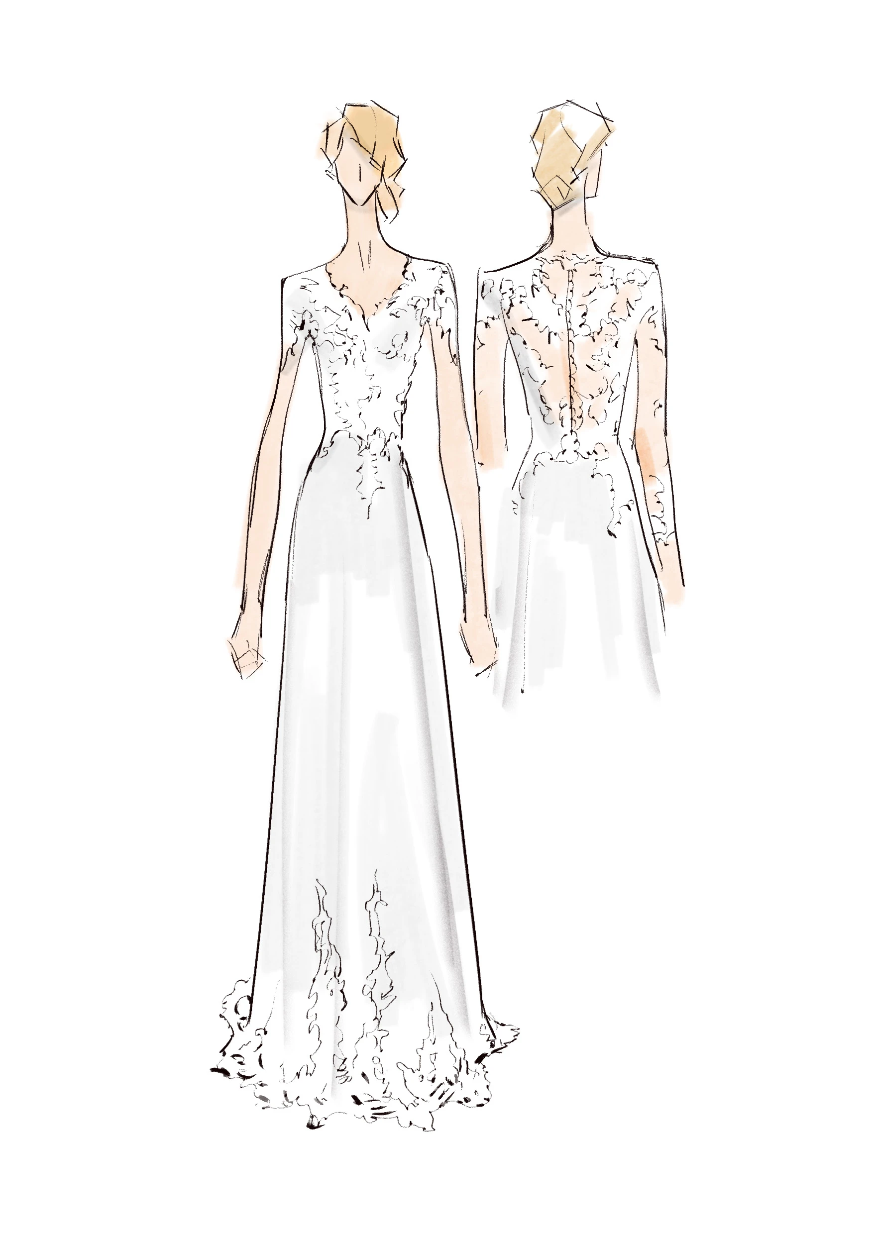 V-Neck Illusion Long Sleeve Lace Appliqued Tulle A-Line Pleated Winter Wedding Dress