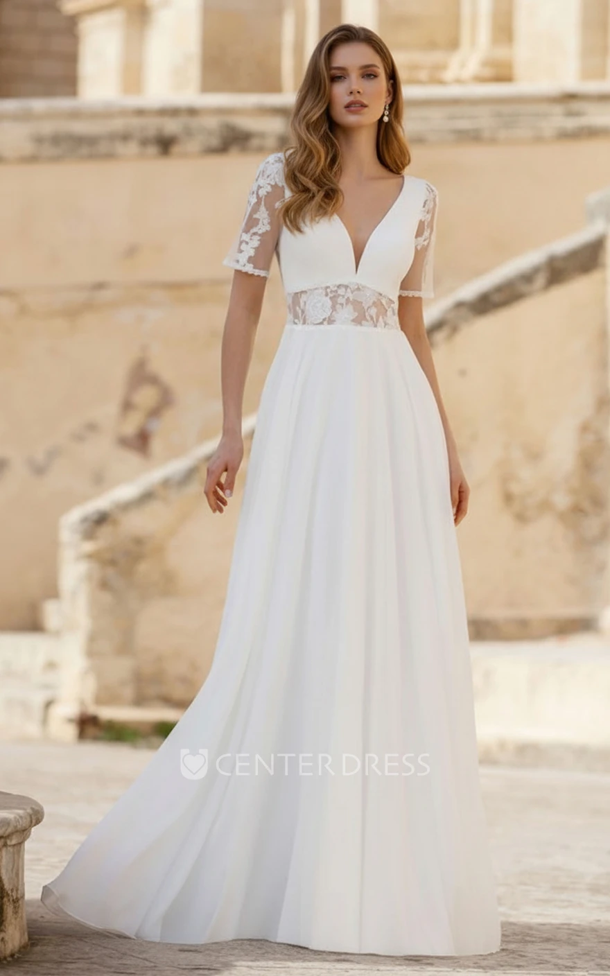 Simple A-Line Wedding Dress with V-Neck and Lace Short Sleeves Elegant Modern Chiffon Bridal Gown for Garden Ceremony