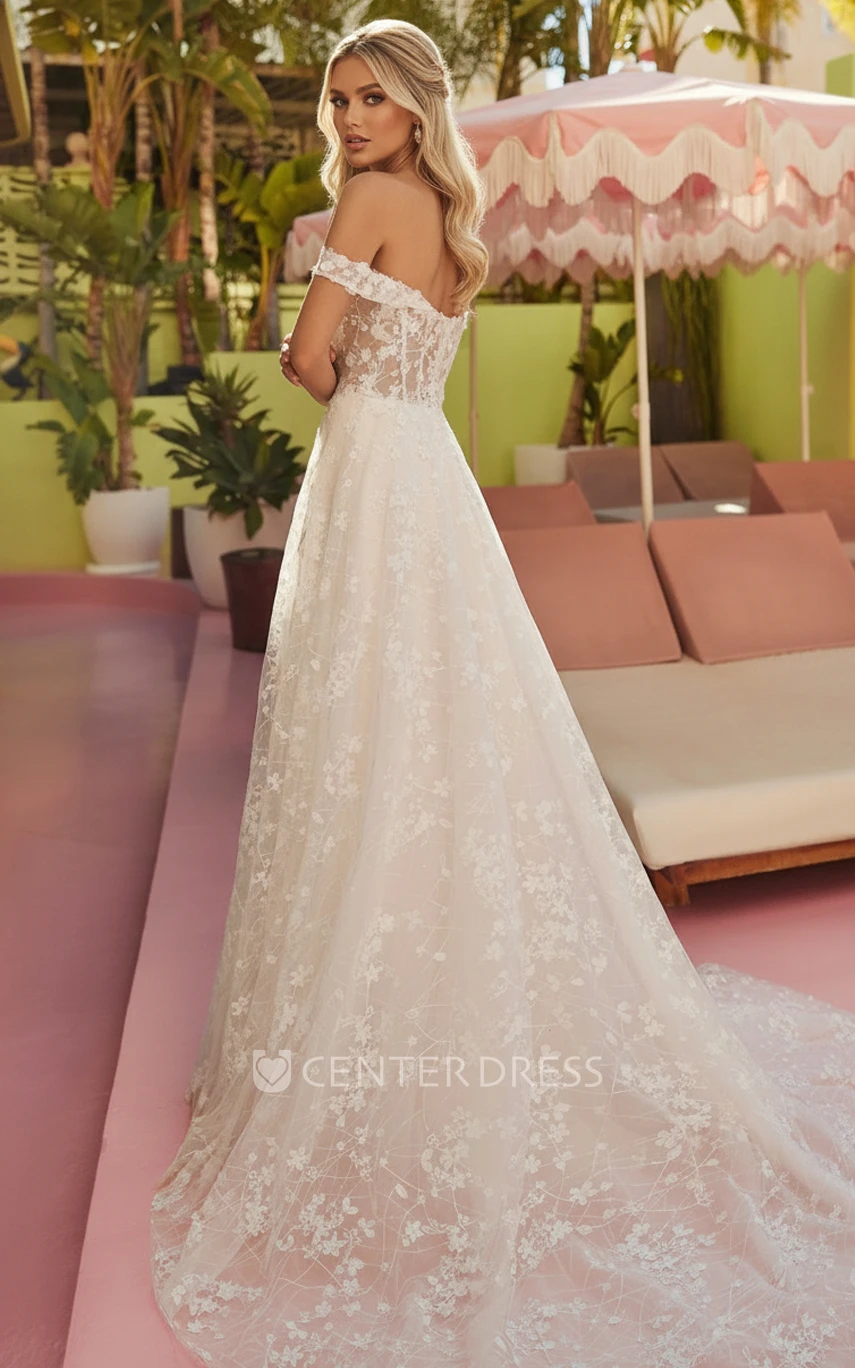 Boho Lace Wedding Dress Off Shoulder A Line Floral Lace Tulle Skirt Illusion Bridal Gown