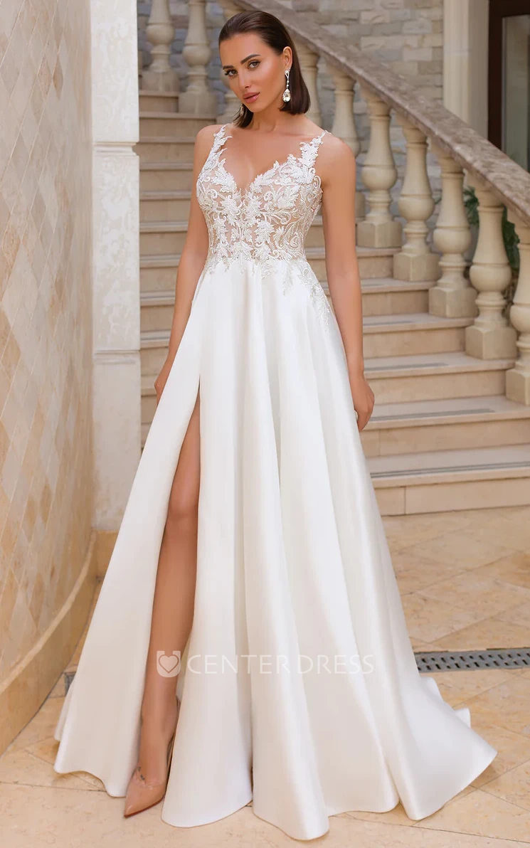 A-Line Sleeveless Split Front Sweep Train Wedding Dress with Lace Appliques