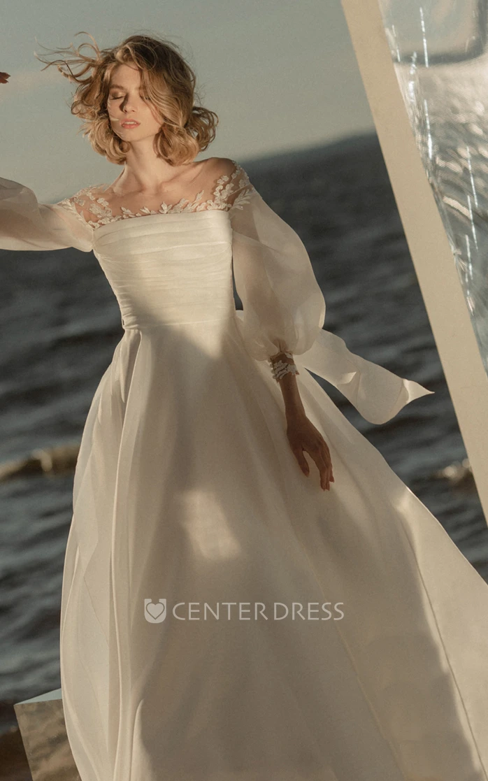 Adorable A-Line Organza Wedding Dress With  3/4 Length Poet Sleeves And Low-V Back