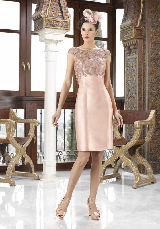 Knee-Length 3-4 Sleeve Bateau Neck Appliqued Satin Mother Of The Bride Dress