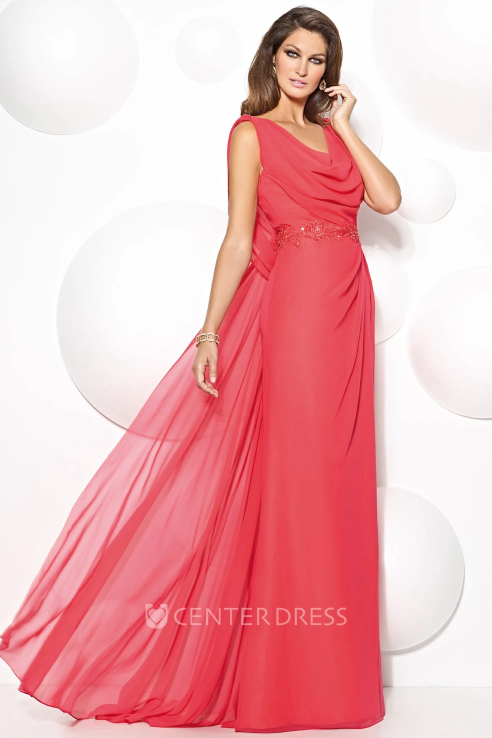 A-Line Cowl-Neck Sleeveless Appliqued Floor-Length Chiffon Prom Dress