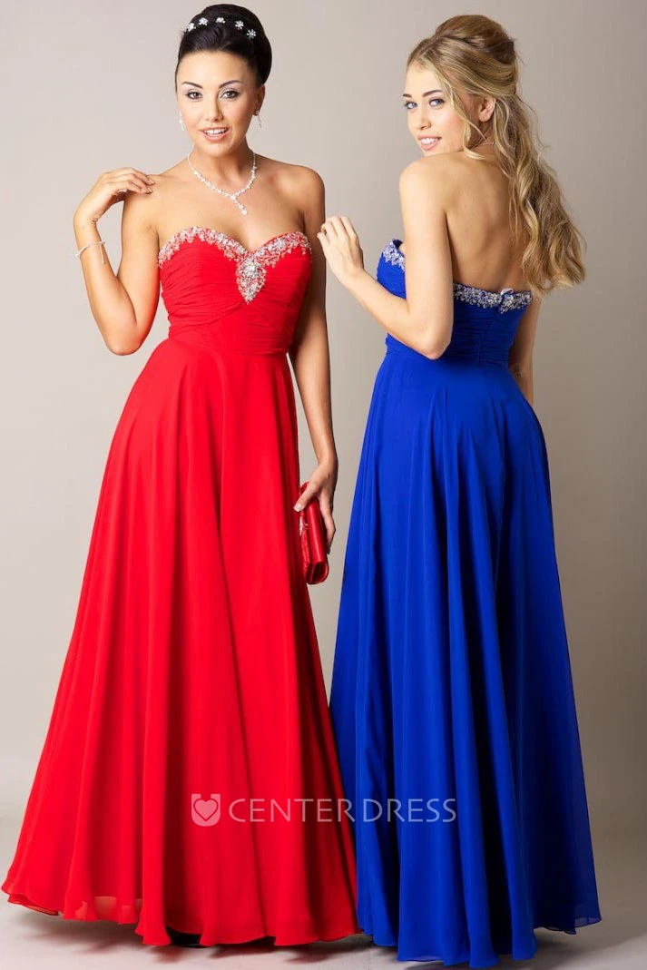 A-Line Ruched Floor-Length Sleeveless Sweetheart Chiffon Prom Dress With Beading And Draping