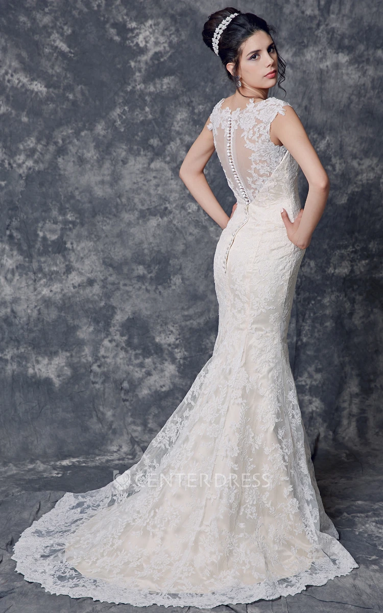 Cap Sleeve Mermaid Lace Wedding Dress with Illusion Back