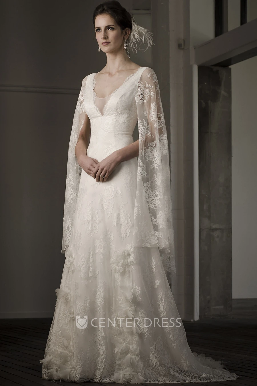 A-Line V-Neck Poet-Long-Sleeve Long Appliqued Lace Wedding Dress With Flower