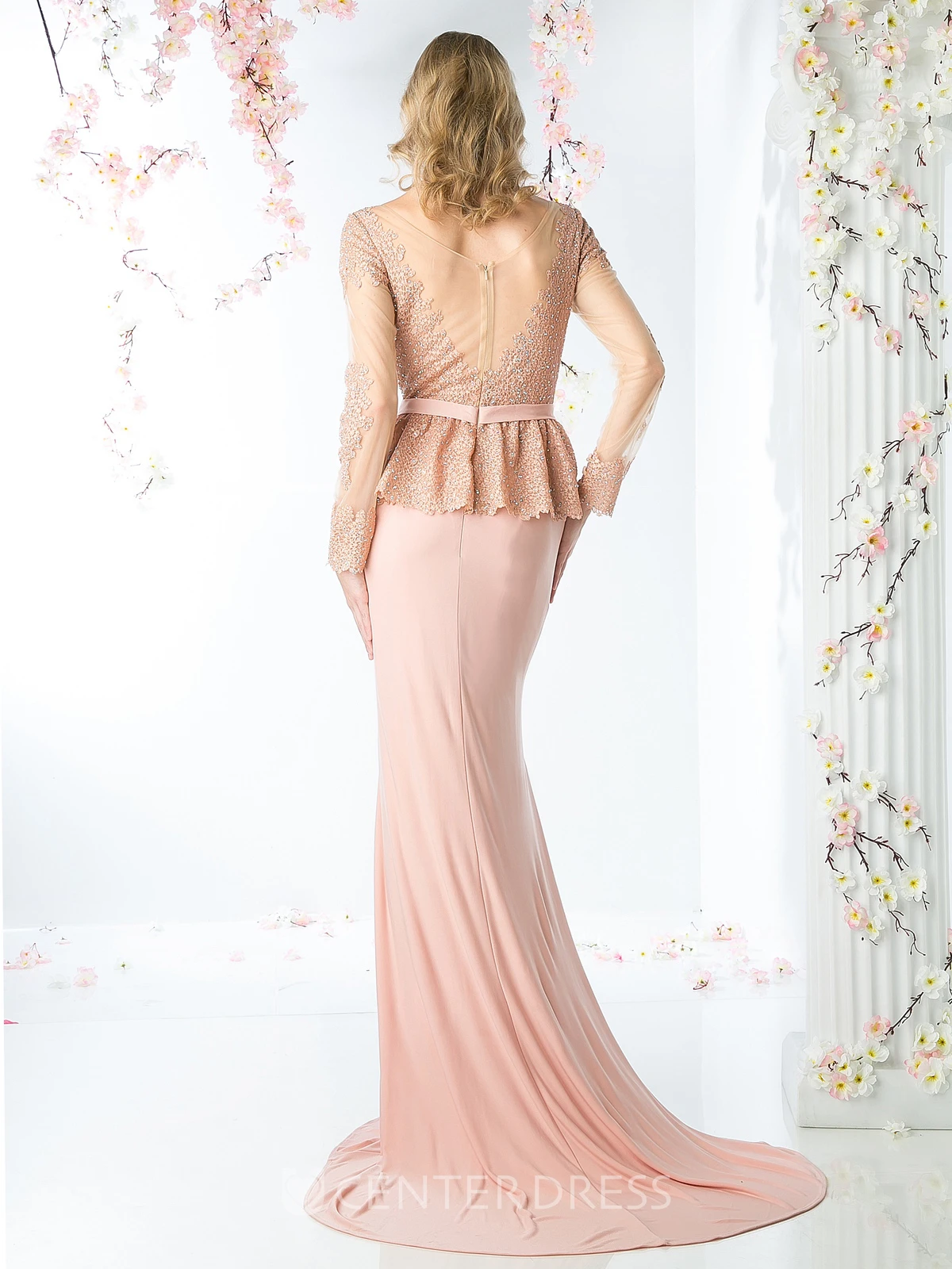Sheath Scoop-Neck Long Sleeve Jersey Illusion Dress With Peplum And Beading