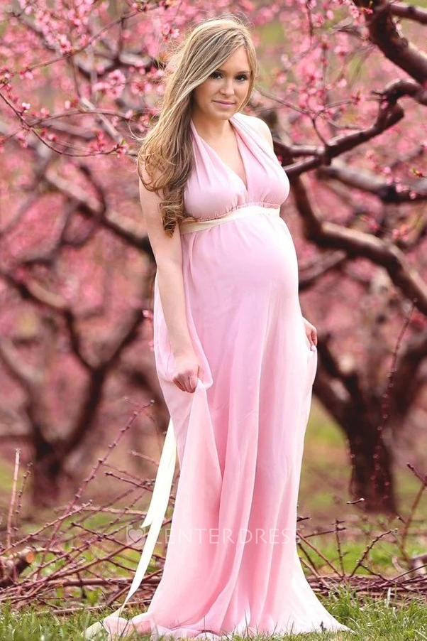 A-line Chiffon Plunging Neckline V-neck Sleeveless Sashed Maternity Dress