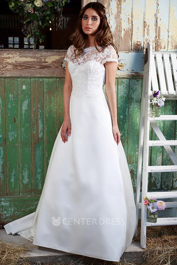 Scoop-Neck Appliqued Short-Sleeve Floor-Length Satin&Lace Wedding Dress