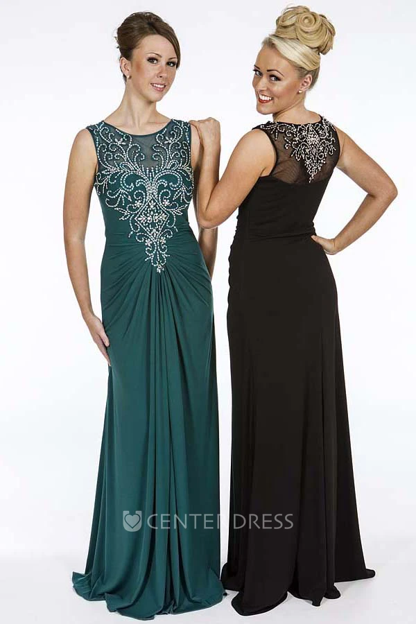 Sheath Beaded Floor-Length Sleeveless Scoop-Neck Chiffon Prom Dress With Draping