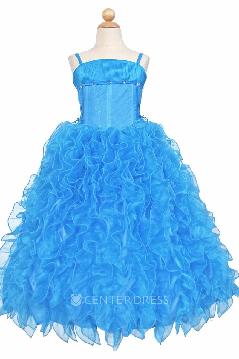 Spaghetti Floor-Length Ruffled Tiered Lace&Organza Flower Girl Dress
