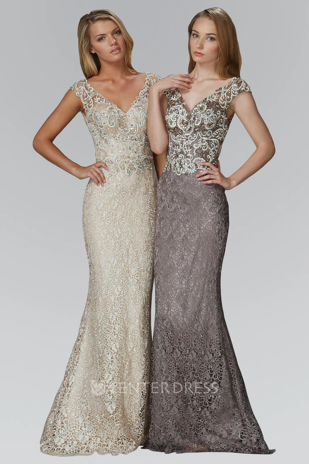 Sheath Long V-Neck Cap-Sleeve Lace Low-V Back Dress With Embroidery And Pleats