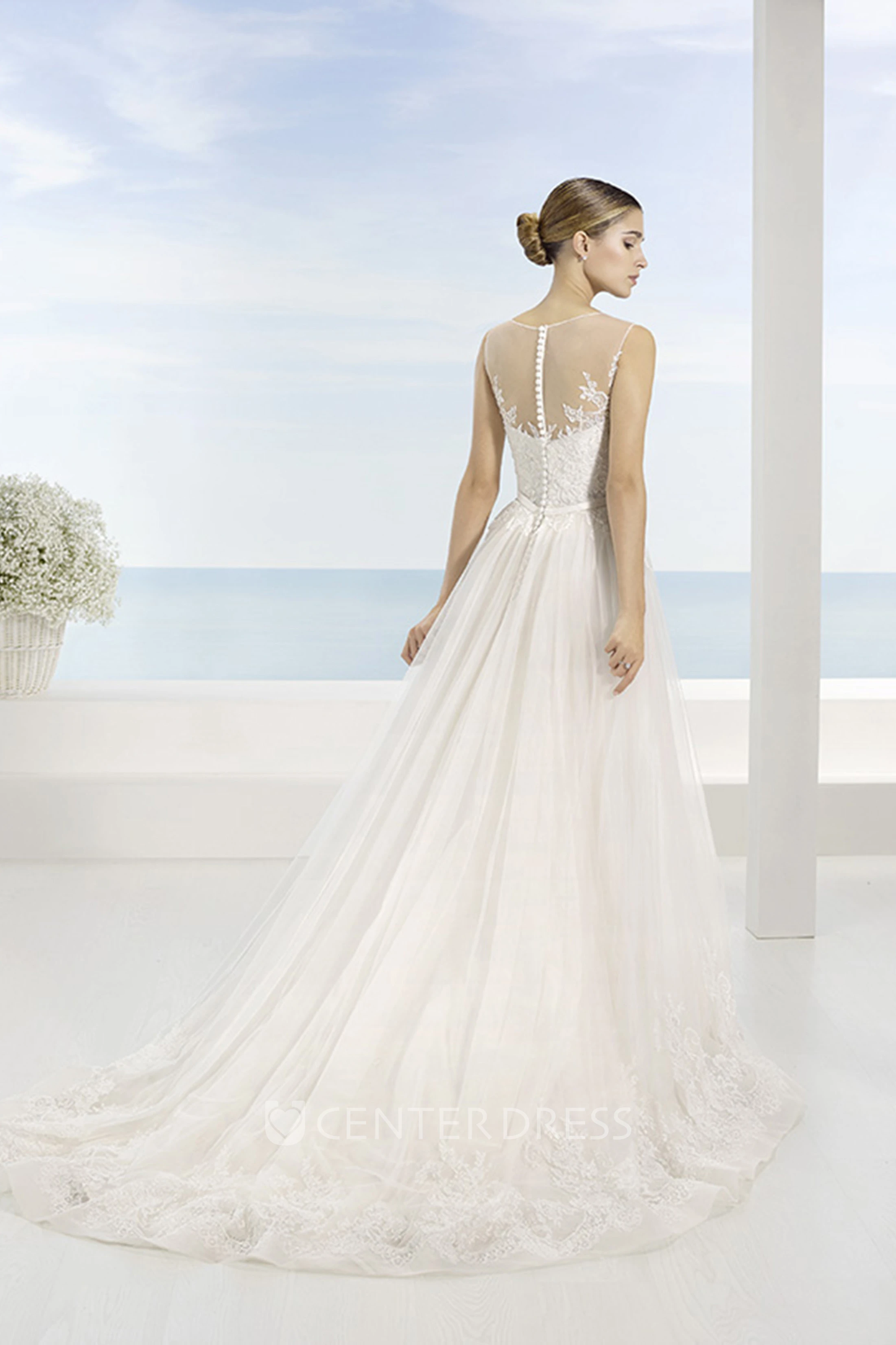 A-Line Long Appliqued Sleeveless Scoop Tulle Wedding Dress With Court Train And Illusion Back