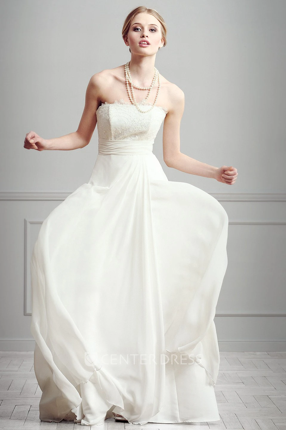 Sheath Lace Strapless Floor-Length Sleeveless Chiffon Wedding Dress