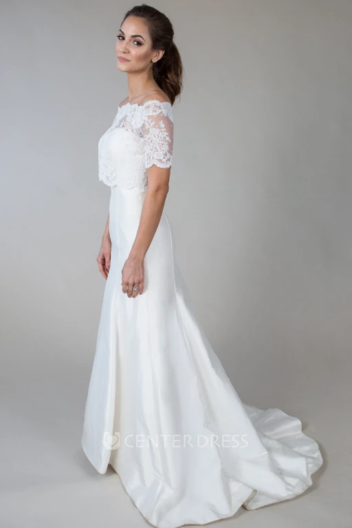 Short-Sleeve Off-The-Shoulder Satin&Lace Wedding Dress With Illusion