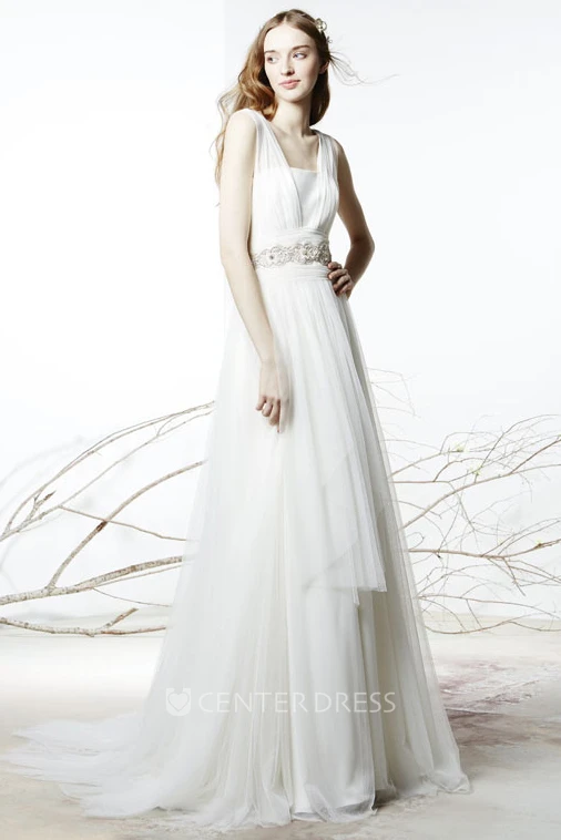 Floor-Length Square Jeweled Tulle Wedding Dress With Brush Train And V Back