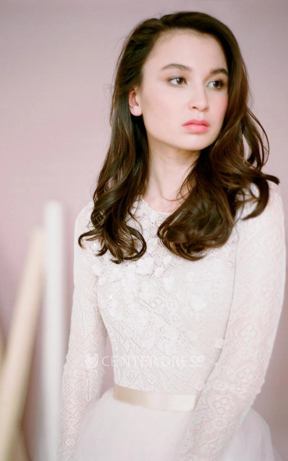 Modest Jewel Neck Long Sleeve A-Line Tulle Warm Wedding Dress