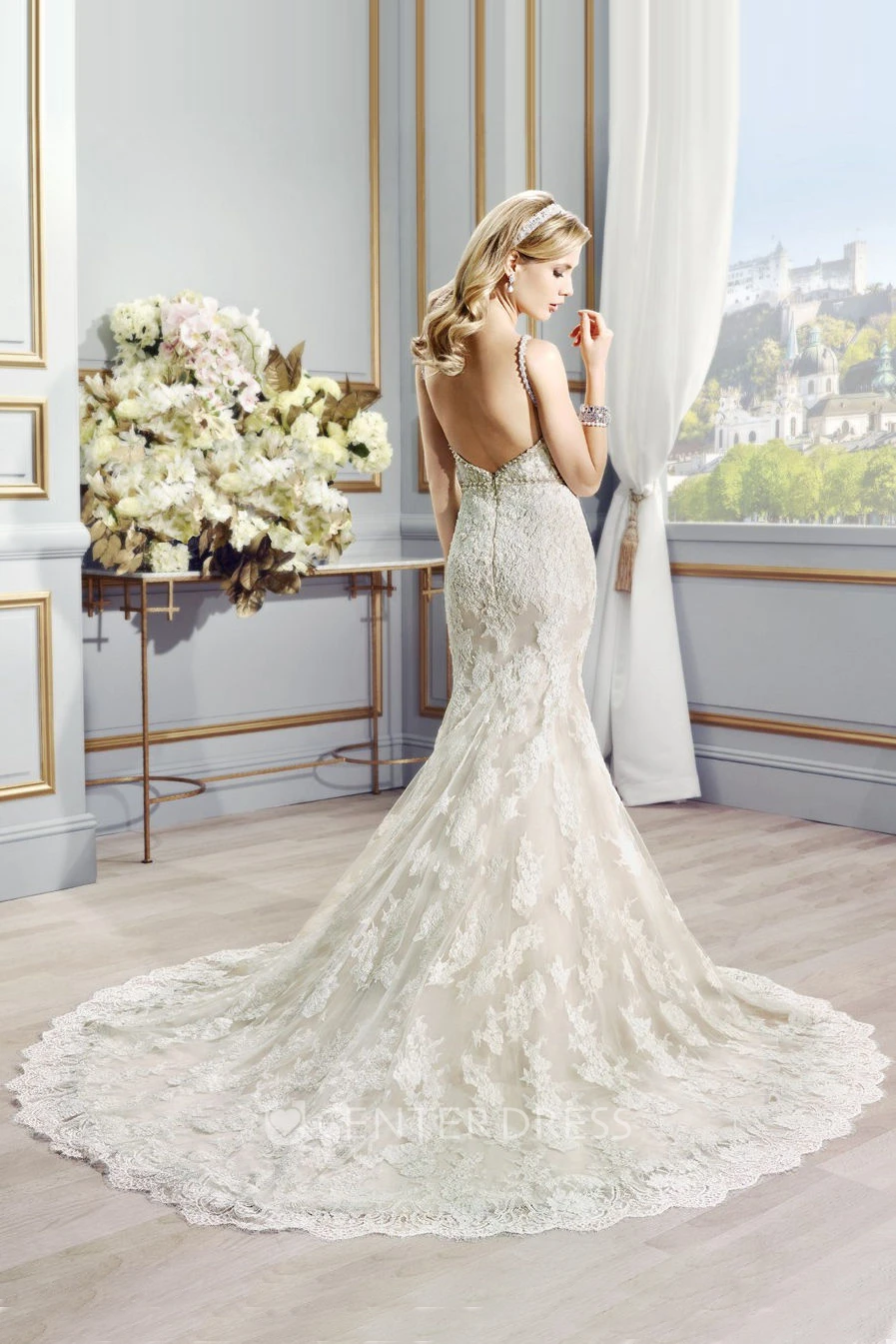 Long Straps Beaded Lace Wedding Dress With Court Train And V Back