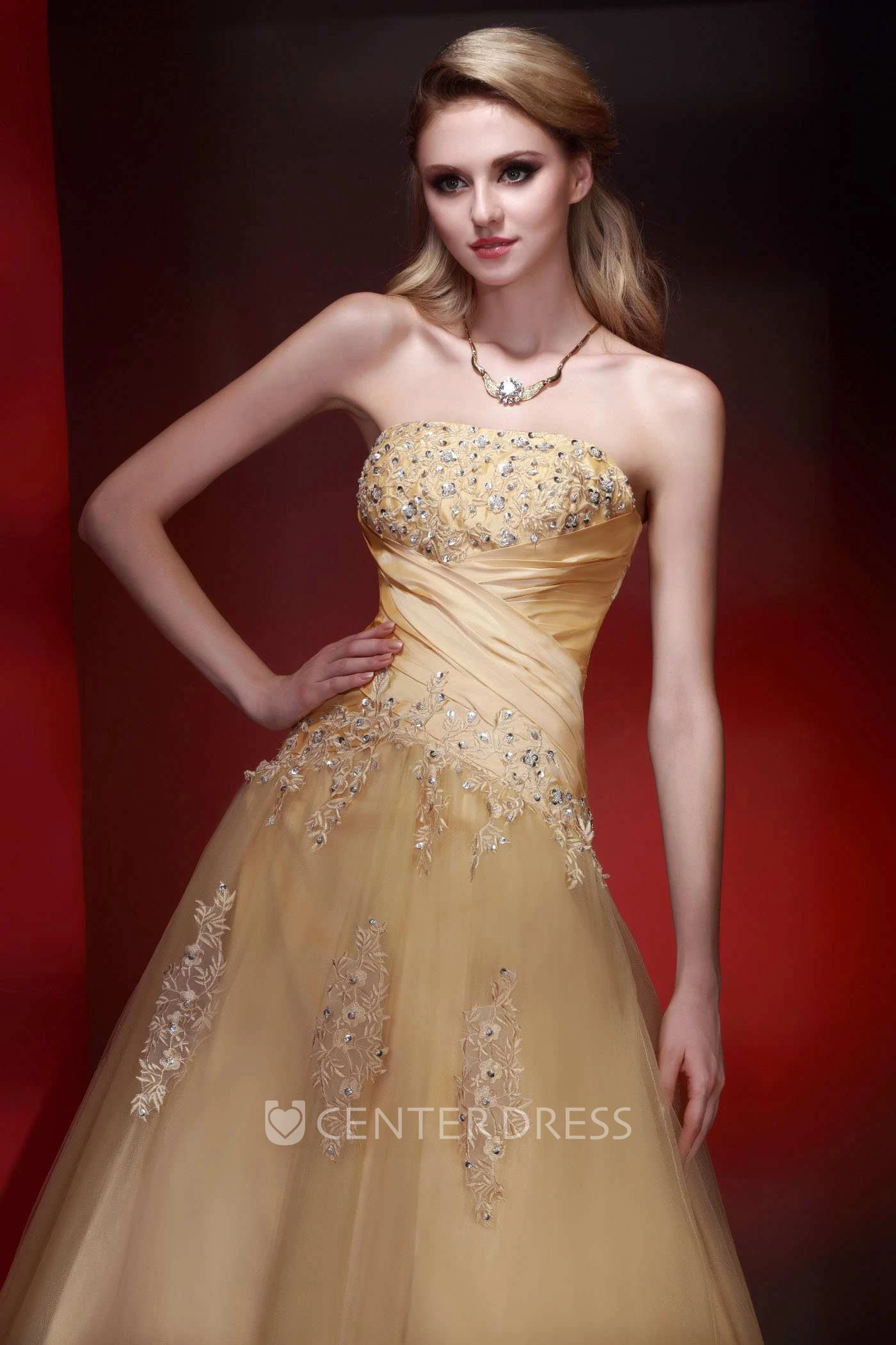 Sleeveless Ruched Beaded A-line Tulle Gown 