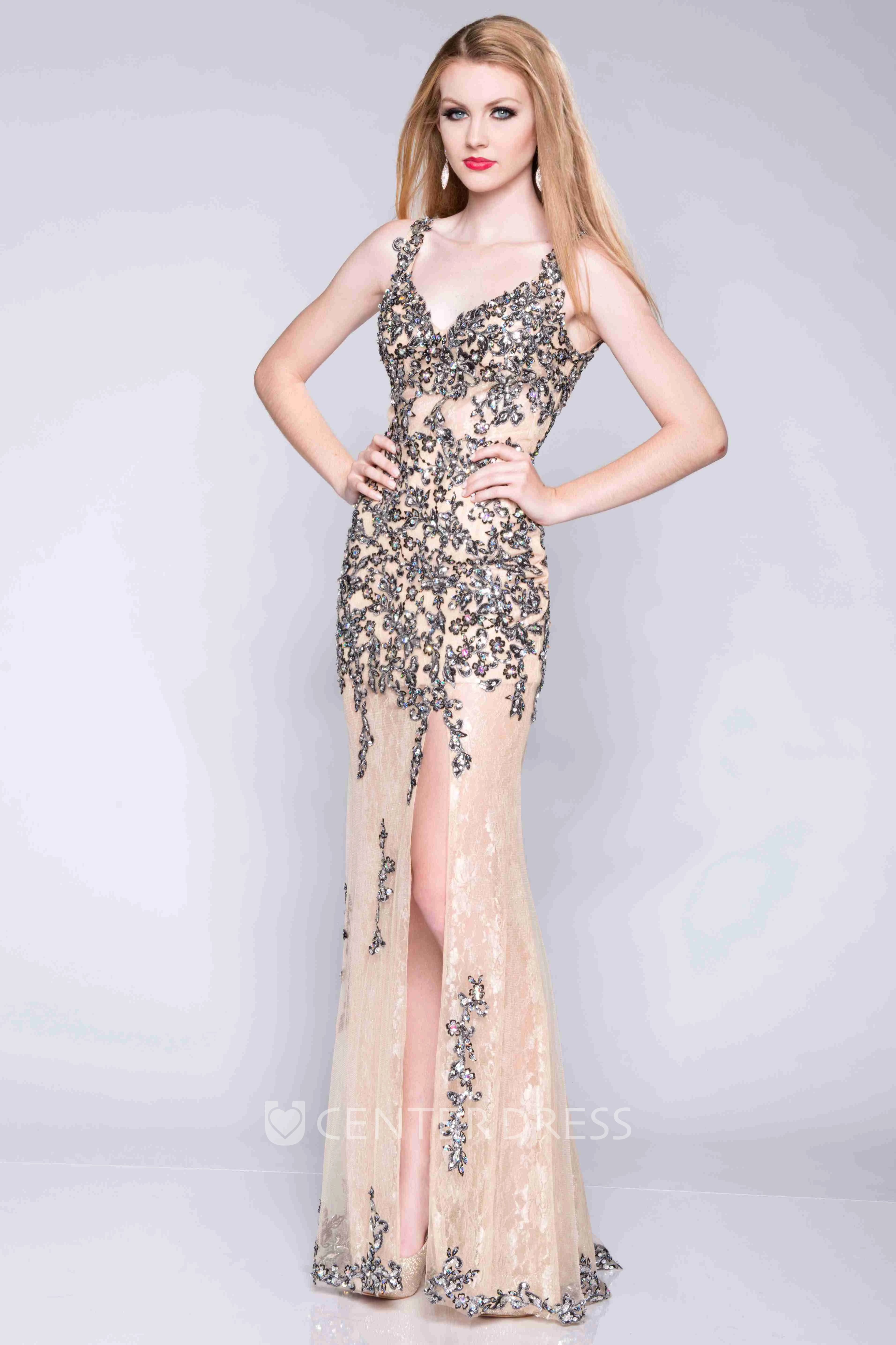Keyhole Back Sequined Lace Prom Dress With Side Slit