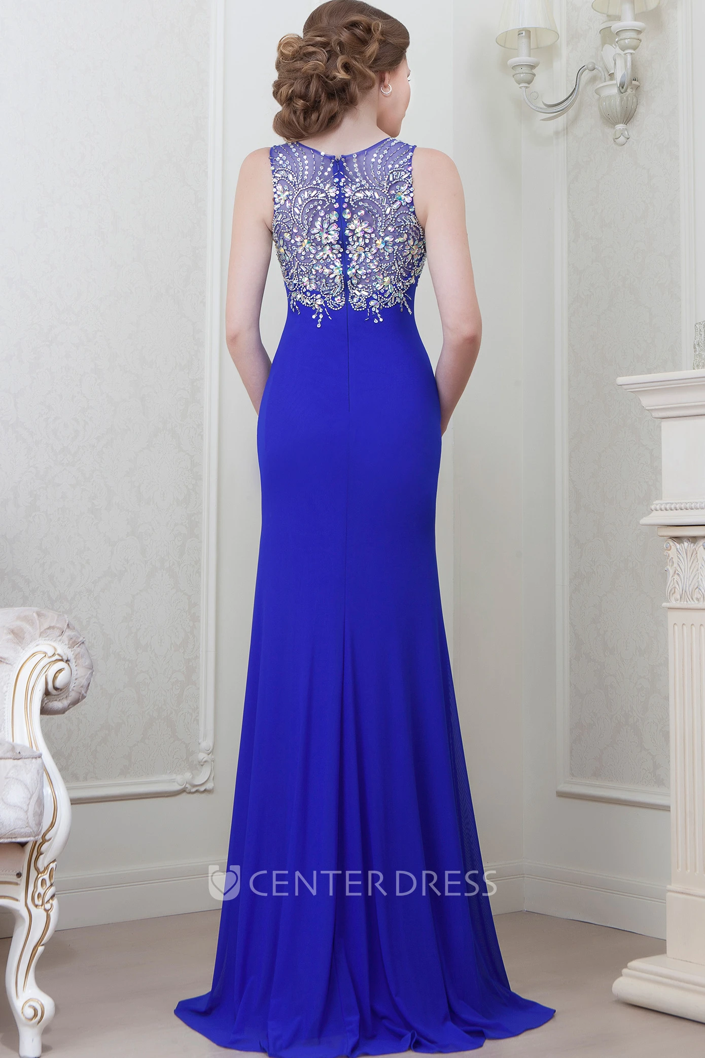 Sheath Beaded Scoop-Neck Sleeveless Floor-Length Jersey Evening Dress