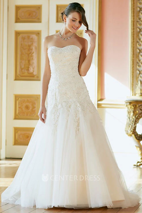Long Strapless Beaded Sleeveless Tulle Wedding Dress