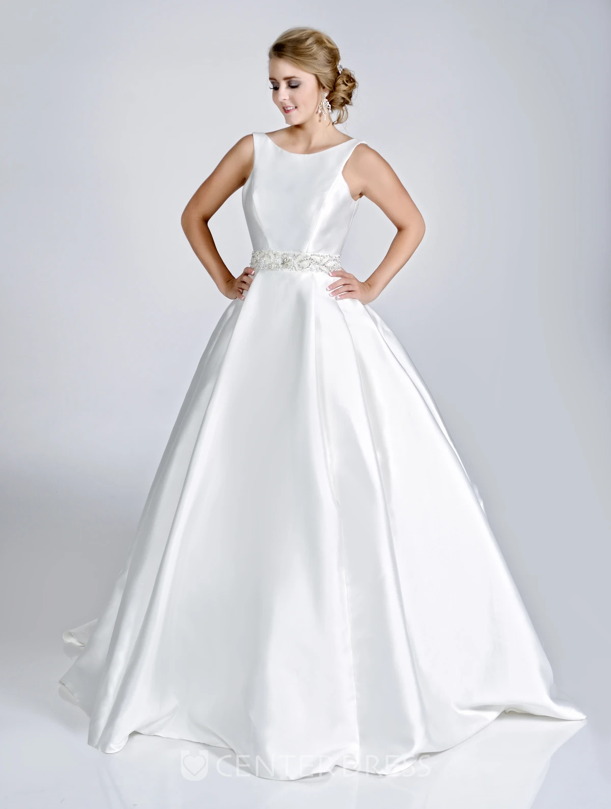 Satin Bateau Neck Sleeveless Ball Gown With Rhinestones