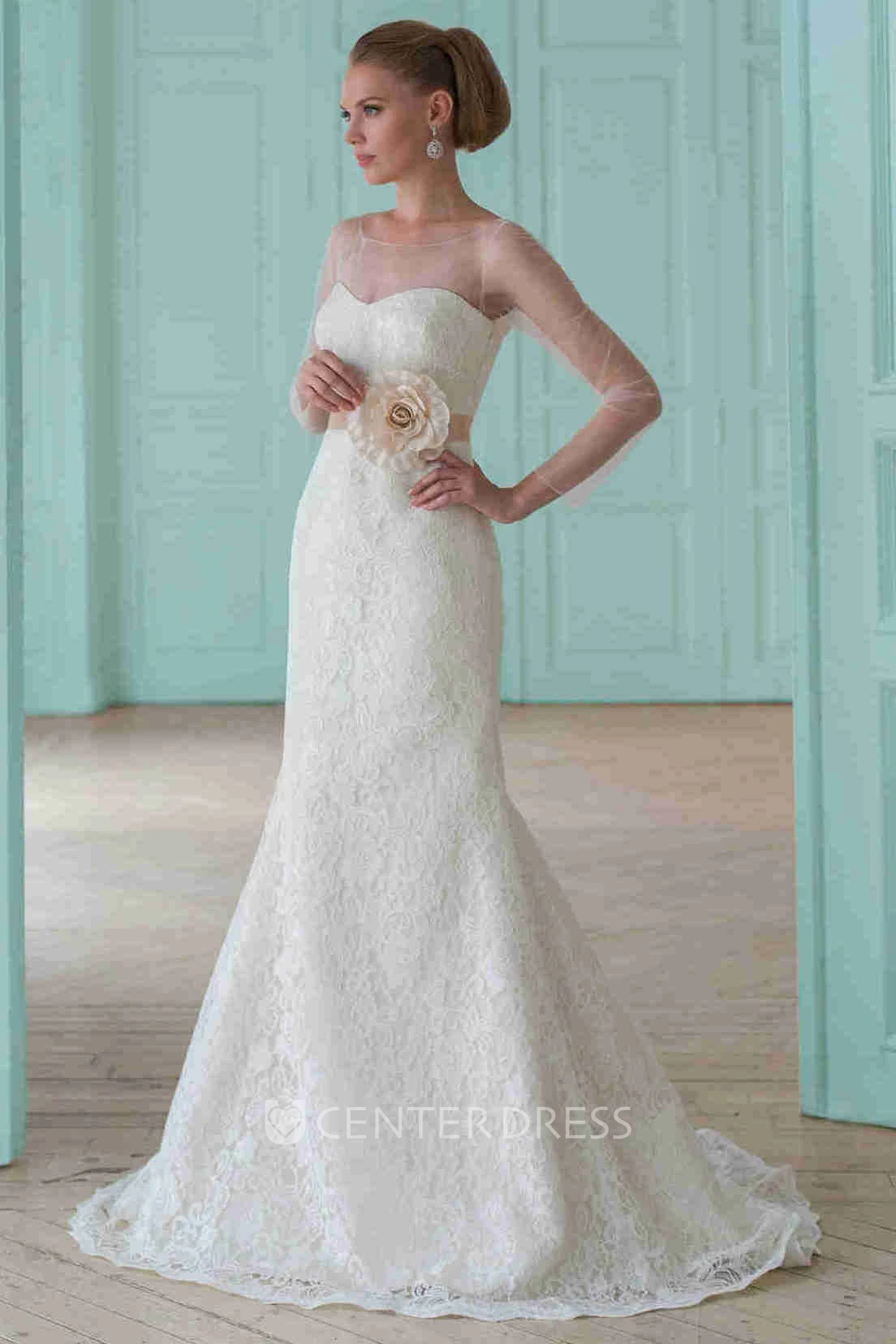 Sheath Illusion-Sleeve Floor-Length Scoop-Neck Lace Wedding Dress With Flower And Illusion