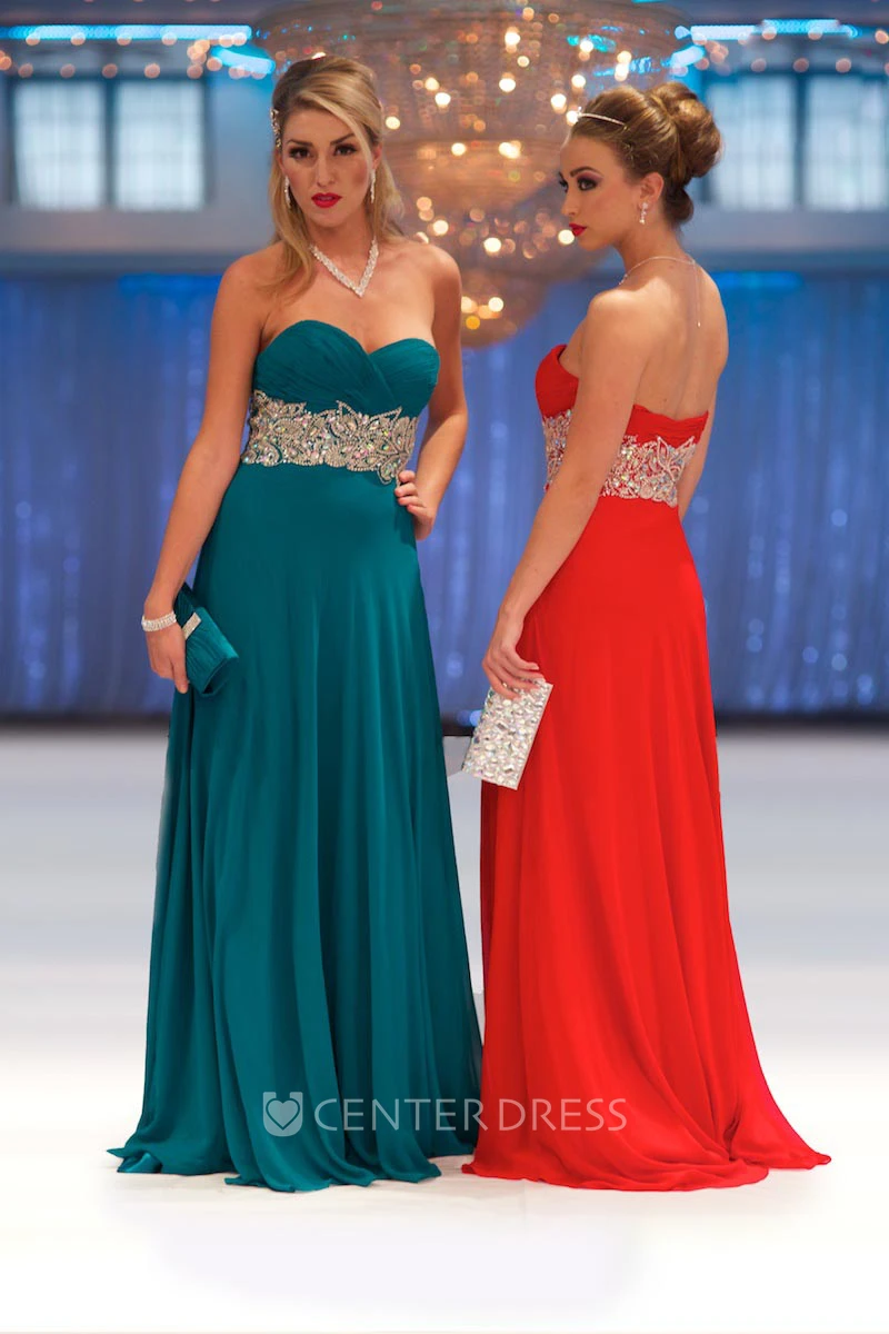 Sheath Long Sweetheart Criss-Cross Sleeveless Chiffon Prom Dress With Waist Jewellery And Pleats